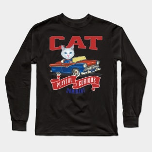 Humor funny white kitty cat driving a vintage classic car to a retro parade with red white and blue flags Long Sleeve T-Shirt